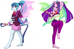 Size: 1292x857 | Tagged: safe, artist:limedazzle, edit, editor:thomasfan45, character:aria blaze, character:sonata dusk, species:human, my little pony:equestria girls, alecto, ariabetes, bare shoulders, barefoot, clothing, crossover, cute, disguise, disguised siren, duo, facial tattoo, feet, fin wings, furies, gem, hades (game), legs, megaera, simple background, siren gem, skirt, sleeveless, smiling, sonatabetes, strapless, vector, whip, white background, wings