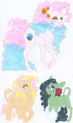 Size: 2550x4265 | Tagged: safe, artist:frozensoulpony, oc, oc:butter taffy, oc:kiwi keylime, oc:strawberry essence, parent:cheese sandwich, parent:oc:hornswoggle, parent:oc:meadow lark, parent:oc:strawberry essence, parent:party favor, parent:pinkie pie, parents:oc x oc, species:earth pony, species:pony, species:unicorn, female, magical threesome spawn, male, mare, offspring, offspring's offspring, parents:partycheesepie, stallion, traditional art