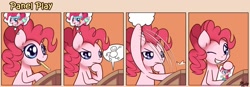 Size: 1400x489 | Tagged: safe, artist:solar-slash, character:pinkie pie, species:earth pony, species:pony, comic, female, grin, mare, mouth hold, panel play, pencil, smiling, solo, thought bubble