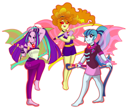 Size: 1920x1633 | Tagged: safe, artist:limedazzle, character:adagio dazzle, character:aria blaze, character:sonata dusk, equestria girls:rainbow rocks, g4, my little pony: equestria girls, my little pony:equestria girls, alecto, bare shoulders, barefoot, clothing, crossover, feet, female, fin wings, furies, gem, glowing eyes, hades (game), megaera, red eyes, simple background, siren gem, sleeveless, strapless, tisiphone, transparent background, whip, wings