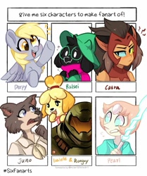Size: 1005x1200 | Tagged: safe, artist:oofycolorful, character:derpy hooves, species:pegasus, species:pony, animal crossing, beastars, catra, crossover, deltarune, doom, doom eternal, doom slayer, doomguy, female, isabelle, juno, mare, meme, pearl (steven universe), ralsei, she-ra and the princesses of power, six fanarts, steven universe