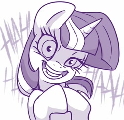 Size: 588x572 | Tagged: safe, artist:sorcerushorserus, character:twilight sparkle, character:twilight sparkle (unicorn), species:pony, species:unicorn, crazy face, evil laugh, faec, female, head tilt, laughing, looking at you, maniacal laugh, mare, monochrome, simple background, solo, twilight snapple, white background