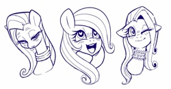 Size: 1008x525 | Tagged: safe, artist:sorcerushorserus, character:fluttershy, species:pegasus, species:pony, black and white, bust, choker, chokershy, female, floppy ears, grayscale, heart eyes, lineart, mare, monochrome, neck rings, one eye closed, simple background, solo, white background, wingding eyes, wink