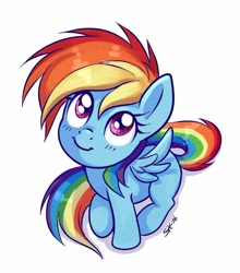 Size: 712x809 | Tagged: safe, artist:sorcerushorserus, character:rainbow dash, species:pegasus, species:pony, blank flank, blushing, cute, dashabetes, female, filly, filly rainbow dash, looking up, simple background, sitting, smiling, solo, white background, younger