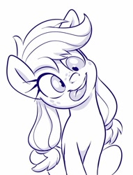 Size: 542x709 | Tagged: safe, artist:sorcerushorserus, character:applejack, species:earth pony, species:pony, derp, female, filly, filly applejack, head tilt, monochrome, pigtails, silly, silly pony, simple background, sitting, solo, tongue out, twintails, white background, who's a silly pony, younger