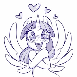 Size: 830x837 | Tagged: safe, artist:sorcerushorserus, character:twilight sparkle, character:twilight sparkle (alicorn), species:alicorn, species:pony, blushing, crossed hooves, cute, dawwww, female, floating heart, grayscale, happy, heart, heart eyes, looking at you, mare, monochrome, simple background, solo, spread wings, twiabetes, white background, wingding eyes, wings