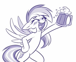 Size: 803x658 | Tagged: safe, artist:sorcerushorserus, character:rainbow dash, species:pegasus, species:pony, bipedal, cider, cider dash, cute, dashabetes, drunk, drunker dash, eyes closed, female, grayscale, happy, hoof hold, mare, monochrome, mug, open mouth, simple background, solo, white background