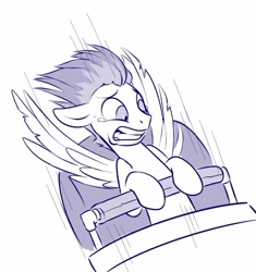 Size: 652x695 | Tagged: safe, artist:sorcerushorserus, character:flash sentry, species:pegasus, species:pony, grayscale, gritted teeth, male, monochrome, roller coaster, simple background, solo, stallion, teary eyes, white background, windswept mane