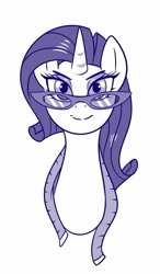 Size: 446x764 | Tagged: safe, artist:sorcerushorserus, character:rarity, species:pony, species:unicorn, bust, female, glasses, looking at you, mare, measuring tape, monochrome, simple background, solo, white background