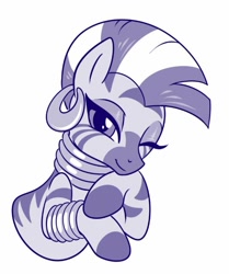 Size: 534x638 | Tagged: safe, artist:sorcerushorserus, character:zecora, species:pony, species:zebra, cute, female, hoof on chin, looking at you, mare, monochrome, one eye closed, simple background, solo, white background, wink, zecorable