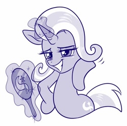 Size: 664x655 | Tagged: safe, artist:sorcerushorserus, character:trixie, species:pony, species:unicorn, female, glowing horn, hand mirror, horn, levitation, lidded eyes, magic, mare, mirror, monochrome, simple background, solo, telekinesis, white background