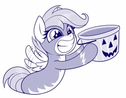 Size: 809x628 | Tagged: safe, artist:sorcerushorserus, character:scootaloo, species:pegasus, species:pony, art, clothing, cute, cutealoo, female, filly, flapping wings, grin, halloween, holiday, hoof hold, monochrome, pumpkin bucket, simple background, smiling, solo, uniform, white background, wings, wonderbolts uniform