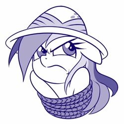 Size: 554x551 | Tagged: safe, artist:sorcerushorserus, character:daring do, species:pegasus, species:pony, angry, female, floppy ears, frown, mare, monochrome, simple background, solo, tied up, white background