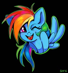 Size: 602x654 | Tagged: safe, artist:sorcerushorserus, character:rainbow dash, species:pegasus, species:pony, black background, blushing, cute, dashabetes, female, mare, one eye closed, outline, simple background, solo, wink