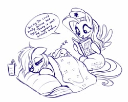 Size: 741x589 | Tagged: safe, artist:sorcerushorserus, character:angel bunny, character:fluttershy, character:rainbow dash, species:pegasus, species:pony, blanket, caring for the sick, clothing, dialogue, female, grayscale, hat, lineart, mare, monochrome, nurse, nurse hat, onomatopoeia, pillow, reading, sick, sleeping, smiling, sound effects, speech bubble, zzz