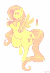 Size: 585x859 | Tagged: safe, artist:sorcerushorserus, character:fluttershy, color palette, eyes closed, female, hoof hold, limited palette, mug, simple background, solo, thighs, thunder thighs, white background, wide hips
