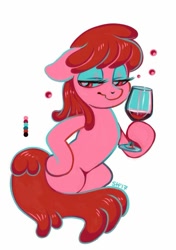 Size: 667x945 | Tagged: safe, artist:sorcerushorserus, character:berry punch, character:berryshine, alcohol, color palette, dexterous hooves, drunk, drunk bubbles, female, glass, hoof hold, hoof on hip, limited palette, simple background, solo, white background, wine, wine glass
