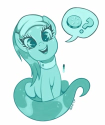 Size: 781x931 | Tagged: safe, artist:sorcerushorserus, character:lotus blossom, species:earth pony, species:pony, cucumber, dialogue, female, food, looking at you, mare, monochrome, pictogram, question mark, simple background, sitting, smiling, solo, speech bubble, white background