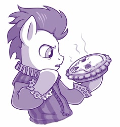 Size: 607x639 | Tagged: safe, artist:sorcerushorserus, character:soarin', species:pony, bust, clothing, hamlet, hoof hold, male, monochrome, pie, shakespeare, simple background, solo, that pony sure does love pies, thinking, white background