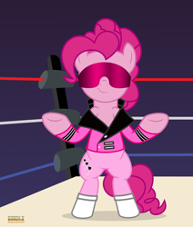 Size: 1900x2244 | Tagged: safe, artist:kuren247, character:pinkie pie, species:earth pony, species:pony, bipedal, bret hart, clothing, crossover, female, jacket, smiling, smirk, solo, sports, wrestling, wrestling ring, wwe