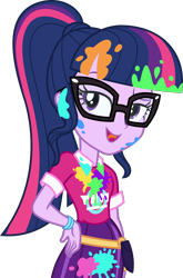 Size: 1000x1517 | Tagged: safe, artist:phucknuckl, character:twilight sparkle, character:twilight sparkle (scitwi), species:eqg human, equestria girls:sunset's backstage pass, g4, my little pony: equestria girls, my little pony:equestria girls, spoiler:eqg series (season 2), dirty, female, glasses, music festival outfit, paint, ponytail, simple background, solo, transparent background, vector