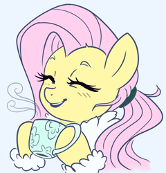 Size: 2276x2368 | Tagged: safe, artist:sorcerushorserus, colorist:xbi, edit, editor:xbi, character:fluttershy, species:pegasus, species:pony, alternate hairstyle, blushing, bust, clothing, coat, color edit, colored, cup, cute, eyes closed, female, hoof hold, mare, ponytail, shyabetes, simple background, smiling, solo, teacup