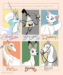 Size: 1173x1400 | Tagged: safe, artist:probablyfakeblonde, character:princess celestia, species:alicorn, species:deer, species:pony, altivo, bambi, bill cipher, bow tie, bridle, bust, cat, clothing, collar, crossover, disney, duchess, fawn, female, gravity falls, hat, horse, jewelry, mare, peytral, rain (character), six fanarts, spirit: stallion of the cimarron, tack, the aristocats, the road to el dorado, tiara, top hat