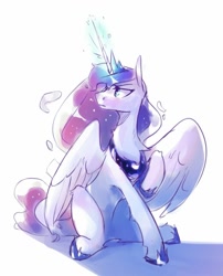 Size: 1107x1370 | Tagged: safe, artist:anticular, character:princess luna, species:alicorn, species:pony, chest fluff, female, glowing horn, horn, mare, simple background, sitting, solo, white background