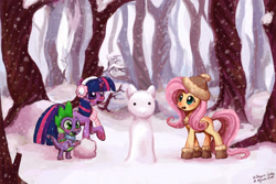 Size: 1024x684 | Tagged: dead source, safe, artist:nayshie, artist:solar-slash, character:fluttershy, character:spike, character:twilight sparkle, clothing, earmuffs, snow, snowfall, snowman, tree