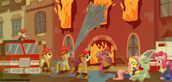 Size: 1280x614 | Tagged: safe, artist:template93, character:applejack, character:fluttershy, character:pinkie pie, character:rainbow dash, character:rarity, character:spike, character:twilight sparkle, fire, firefighter, hose, injured, mane seven, mane six, truck