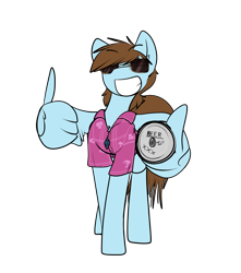 Size: 1685x1905 | Tagged: safe, artist:cantershirecommons, oc, oc only, oc:sorren, species:pegasus, species:pony, alcohol, beer, clothing, hawaiian shirt, jewelry, keg, necklace, shirt, simple background, smug, solo, standing, sunglasses, thumbs up, transparent background, wing hands, wings