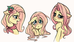 Size: 848x483 | Tagged: safe, artist:hippykat13, artist:sorcerushorserus, edit, editor:hippykat13, character:fluttershy, species:pegasus, species:pony, ascot, blushing, bust, color edit, colored, cute, female, floppy ears, flower, flower in hair, full face view, lineart, looking back, mare, profile, puppy dog eyes, shyabetes, simple background, solo, stray strand, three quarter view, white background