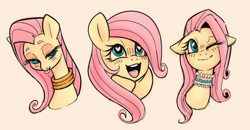 Size: 1008x525 | Tagged: safe, artist:hippykat13, artist:sorcerushorserus, edit, editor:hippykat13, character:fluttershy, species:pegasus, species:pony, bedroom eyes, bust, choker, chokershy, color edit, colored, cute, female, floppy ears, full face view, heart eyes, lidded eyes, lineart, looking at you, looking up, mare, neck rings, one eye closed, open mouth, shyabetes, simple background, smiling, solo, three quarter view, tongue out, white background, wingding eyes, wink