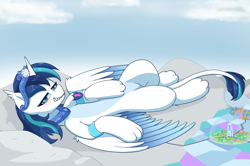 Size: 2059x1370 | Tagged: safe, artist:askbumpywish, character:shining armor, species:pony, species:sphinx, crystal empire, cute, female, giant pony, giant shining armor, giant sphinx, gleamibetes, gleaming shield, looking at you, macro, mega giant, mega giant sphinx, mega shining armor, on back, rule 63, rule63betes, shining adorable, smiling, smirk, solo, species swap, sphinxified
