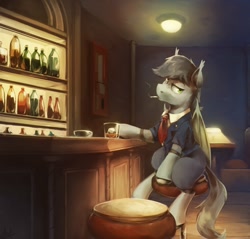 Size: 1692x1620 | Tagged: safe, artist:anticular, oc, oc only, species:bat pony, species:pony, alcohol, bar, bar stool, cigarette, clothing, commission, looking at you, male, necktie, smoking, solo, stallion, suit