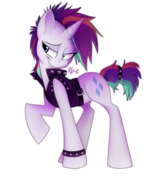 Size: 1262x1374 | Tagged: safe, artist:fj-c, character:rarity, species:pony, species:unicorn, episode:it isn't the mane thing about you, g4, my little pony: friendship is magic, alternate hairstyle, clothing, female, mare, punk, punkity, raised hoof, simple background, smiling, solo, transparent background