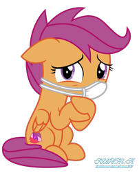 Size: 1800x2232 | Tagged: safe, artist:kuren247, character:scootaloo, species:pegasus, species:pony, coronavirus, covid-19, face mask, fear, female, filly, floppy ears, scared, scootaloo's cutie mark, simple background, sitting, solo, surgical mask, transparent background, worried