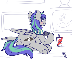 Size: 3013x2628 | Tagged: safe, artist:ruef, oc, oc only, oc:storm feather, species:pony, blushing, clothing, controller, gaming, male, scarf, soda, stallion