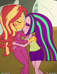 Size: 3090x4000 | Tagged: safe, artist:dieart77, character:aria blaze, character:sunset shimmer, ship:sunblaze, my little pony:equestria girls, bed, blushing, clothing, commission, cuddling, digital art, female, kissing, lesbian, pajamas, pillow, shipping, sleeveless, smiling, sunblaze, tank top