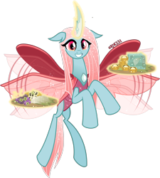 Size: 4000x4453 | Tagged: safe, artist:orin331, character:ocellus, species:changeling, species:reformed changeling, buzzing wings, changeling food, changeling queen, cute, diaocelles, female, flying, food, looking at you, magic, magic aura, older, older ocellus, platter, queen ocellus, signature, simple background, smiling, solo, telekinesis, transparent background, vector, wings