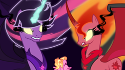 Size: 4000x2250 | Tagged: safe, artist:orin331, character:luster dawn, character:midnight sparkle, character:sunset satan, character:sunset shimmer, character:twilight sparkle, character:twilight sparkle (alicorn), species:alicorn, species:demon pony, species:pony, species:unicorn, g4, my little pony:equestria girls, alicornified, corrupted, dark magic, demon, digital art, female, high res, lustercorn, magic, mare, midnight sparkle, midnightsatan, original species, ponified, princess midnight, sunset satan