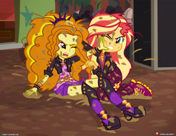 Size: 4000x3090 | Tagged: safe, artist:dieart77, character:adagio dazzle, character:sunset shimmer, my little pony:equestria girls, catfight, clothing, commission, digital art, dirty, fight, high heels, mud, mud wrestling, muddy, open mouth, pants, patreon, patreon logo, shoes, show accurate, wet and messy