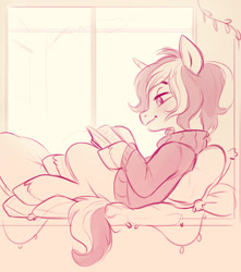 Size: 1176x1328 | Tagged: safe, artist:imalou, oc, oc only, oc:closed book, species:pony, species:unicorn, /mlp/, 4chan, clothing, cute, drawthread, male, monochrome, not gay, reading, solo, sweater, wholesome, window