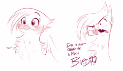 Size: 5115x2976 | Tagged: safe, artist:imalou, character:gilda, species:griffon, /mlp/, 4chan, angry, birb, blushing, bust, chest fluff, cute, dialogue, drawthread, female, gildadorable, madorable, monochrome, simple background, sketch, solo, text, vulgar, white background