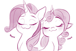 Size: 1254x843 | Tagged: safe, artist:imalou, character:rarity, character:sweetie belle, species:pony, species:unicorn, /mlp/, 4chan, :3, belle sisters, blushing, bust, catface, cute, diasweetes, drawthread, duo, eyes closed, female, filly, floppy ears, mare, monochrome, owo, portrait, raribetes, siblings, simple background, sisters, smiling, text, uwu, white background