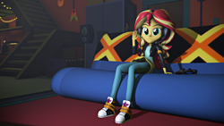 Size: 1920x1080 | Tagged: safe, artist:empireoftime, artist:razethebeast, character:sunset shimmer, episode:game stream, g4, my little pony: equestria girls, my little pony:equestria girls, spoiler:eqg series (season 2), 3d, clothing, converse, couch, female, gamer sunset, headset, looking at you, pants, shoes, sitting, solo, source filmmaker