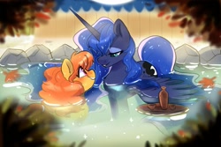 Size: 1125x750 | Tagged: safe, artist:oofycolorful, character:princess luna, oc, species:alicorn, species:pony, bath, bedroom eyes, blushing, canon x oc, eye contact, female, hot springs, looking at each other, looking down, mare, partially submerged, smiling, spread wings, wet mane, wings