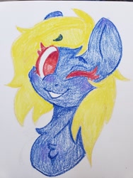 Size: 3024x4032 | Tagged: safe, artist:ruef, oc, oc only, oc:naveen numbers, species:pegasus, species:pony, chest fluff, crayon drawing, one eye closed, solo, traditional art, wink
