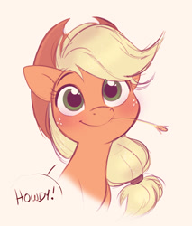 Size: 1529x1794 | Tagged: safe, artist:imalou, character:applejack, species:earth pony, species:pony, /mlp/, 4chan, applejack's hat, blushing, bust, clothing, cowboy hat, cute, dialogue, drawthread, female, hat, howdy, jackabetes, looking at you, mare, portrait, simple background, smiling, solo, speech bubble, straw in mouth, white background