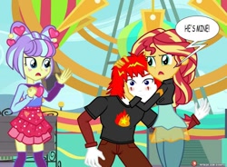 Size: 1074x792 | Tagged: safe, alternate version, artist:dieart77, character:sunset shimmer, character:supernova zap, oc, oc:eternal flames, oc:pennywise, equestria girls:sunset's backstage pass, g4, my little pony: equestria girls, my little pony:equestria girls, spoiler:eqg series (season 2), angry, bench, black shirt, blue eyes, blushing, canon x oc, circus, clothing, cloud, clown, commission, cute, dialogue, eye, eyes, female, ferris wheel, hair, heart, hug, jacket, jealous, love, male, muscles, nervous, pants, patreon, patreon logo, red hair, romantic, scene, shipping, skirt, sky, speech bubble, stars, su-z, sunseternal, supernova zap, sweater, white skin, worried, zettai ryouiki